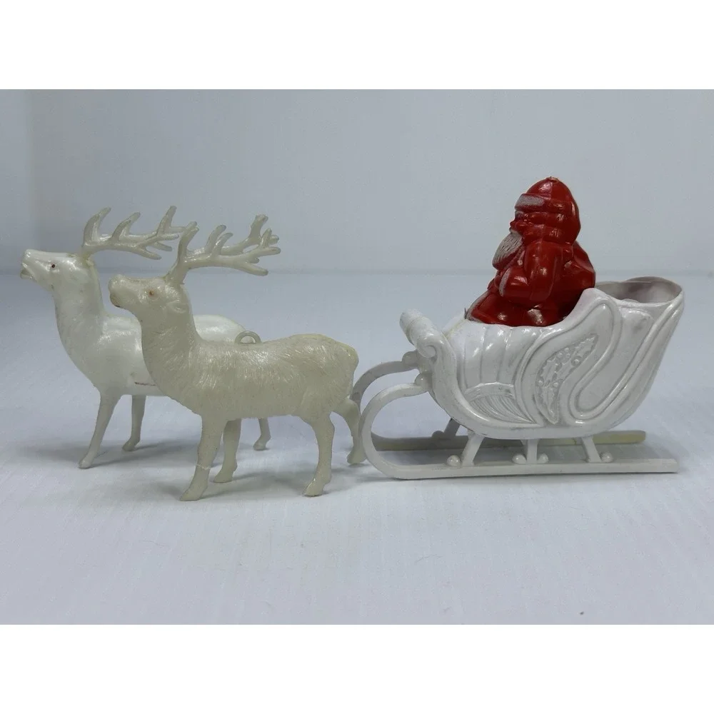 Vintage Christmas Hard Plastic Santa Sleigh Two White  Reindeer Candy Holder
